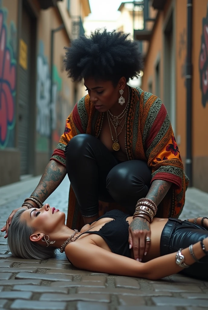 Two russian old milf women: the strong, muscular , dominant dark skinned gipsy woman (black afro, long african traditional colourful tunic, barefoot), squatting with possessive stance (caressing the body of her passed out girlfriend's neck). At her feet, lying on the ground unconscious, curled up in fetal position, her caucasian girlfriend (pale faces, pale necks, pale chest, pale stomach, pale arms, pale hands, pale feet), weak body, light grey hair, submissive and needy, feeling defeated, in laid back postures with hands touching her thong or neck or chest, wearing clothes in rock chic style. grey hair (bouffant, top bun, shaved sides), Big lips, The caucasian woman wears Black lace push up bra, silicone breast,, low rise skinny leather jeans. The caucasian woman is Barefoot.. the caucasian woman wears Lots of thick wide studded bracelets, chain necklaces and big rings, Long earrings with chains and feathers, Chains around her hips. The caucasian woman gas Neck tattoed, chest tattoed, stomach tattoed, feet, hands, arms and wrists heavily tattoed. Toned abdominals, thin neck, slim legs and thin arms. Narrow hips. Both, open legs. Full body. At a Madrid narrow street with graffitied walls.