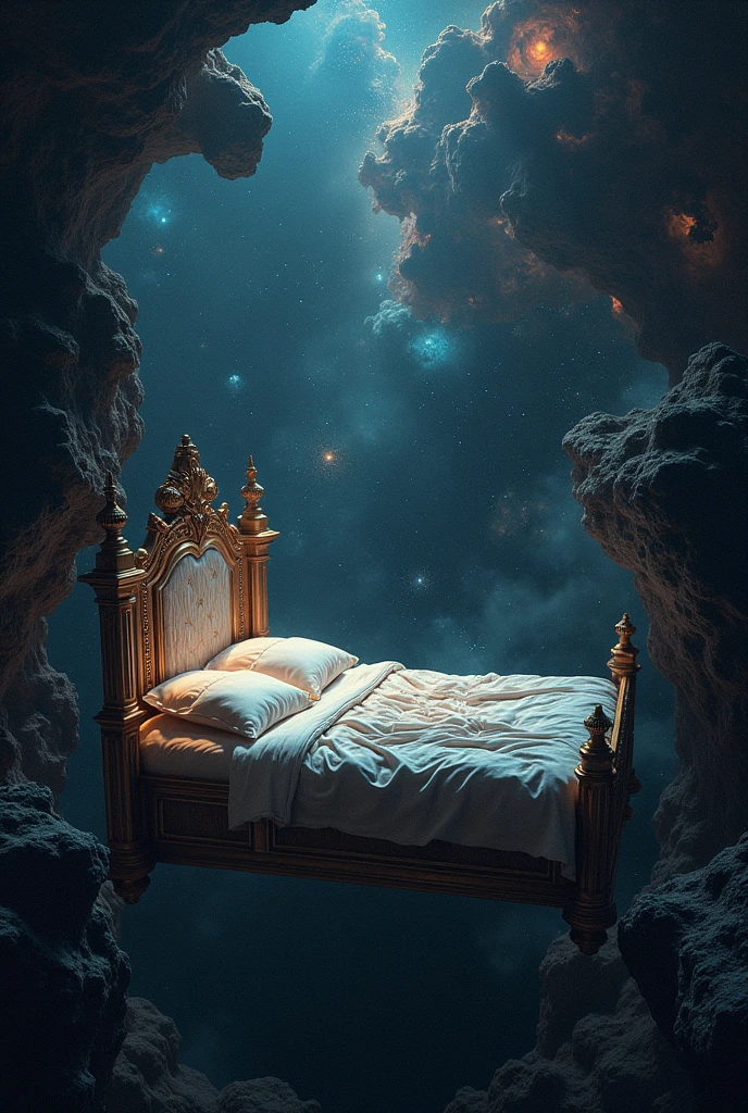 universe space。Fantastic and mysterious。Sleep comfortably in a mysterious space。Baroque style bedroom empty。No people
