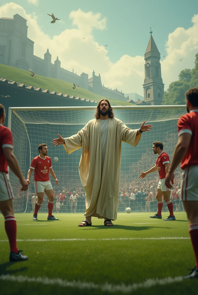 Jesus plays as goalie for a gaelic football match.