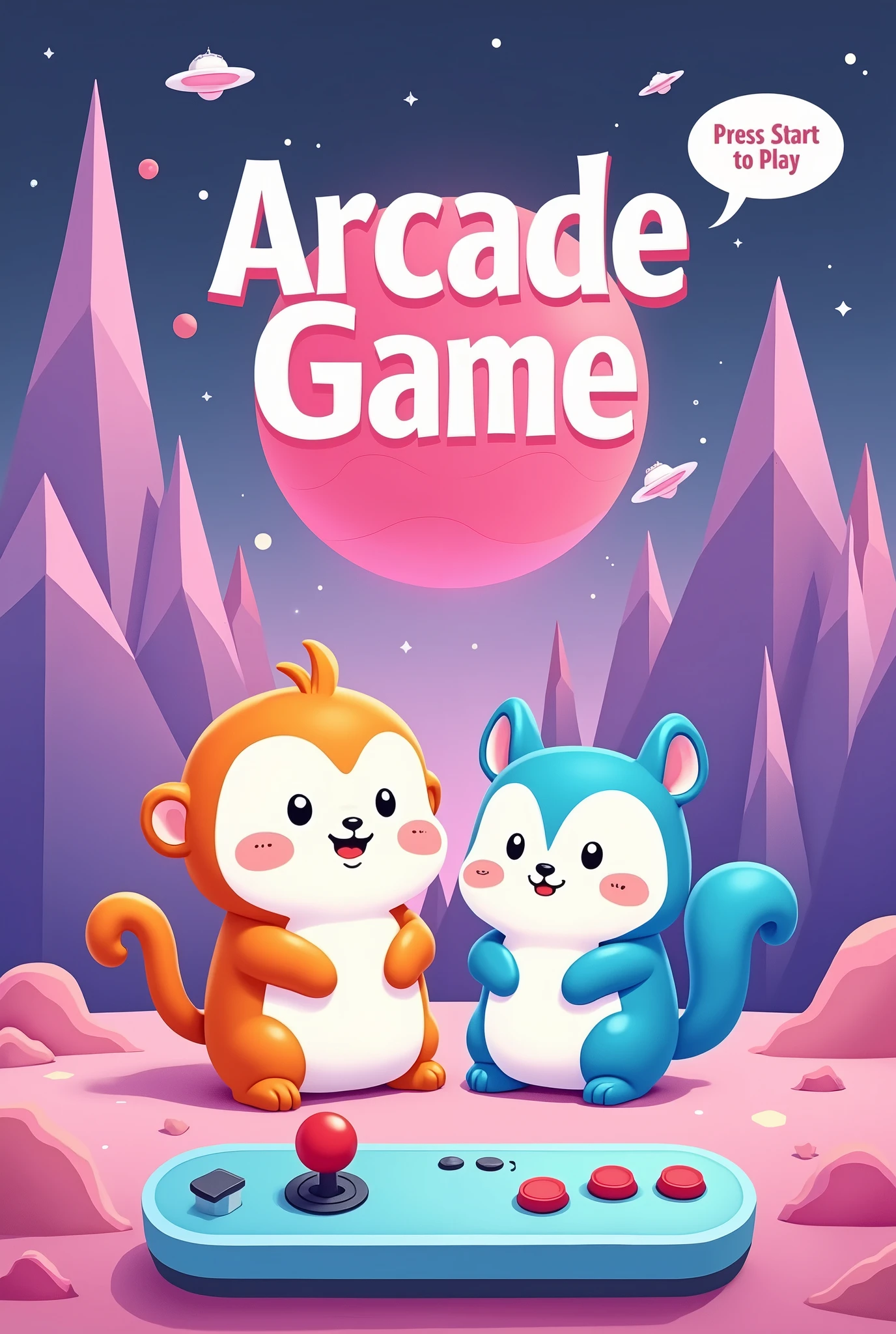 create more modern and detailed art of. The image is a stylized graphic with a pastel color palette., predominantly in shades of pink, purple and blue. no topo central, There's the text "Arcade Game" in a fun font with a slight shadow effect. Below this text, ((there are two cartoon style squishmallow animals: to the left, a monkey with orange and white fur and closed eyes that suggest contentment; On the right, a squirrel with blue and white feathers and big round eyes. Both animals are sitting.)), No fundo, there are graphics that resemble mountains in various shades of purple with white outlines that give them a geometric appearance "metaverse style". Above these mountains, float three small spaceships and one larger ship. There is also a large pink planet-like object with rings around it.. Na parte inferior da imagem, there is an arcade game control panel with a joystick on the left side, which has a pink top and a light blue base. To the right of the joystick, there are four buttons: three smaller ones aligned horizontally in light pink colors, dark pink and blue, respectively; Beneath them, there is a larger button in dark pink. No canto inferior direito da imagem, there is additional text saying "PRESS START TO PLAY" inside a speech bubble shaped button design.