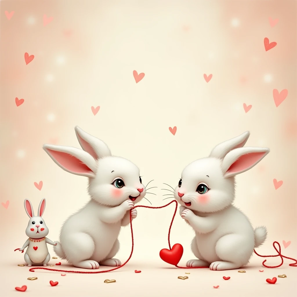 Two white rabbits playing tug of war with a red string、heart、Cute rabbit、Rabbit and Girl Rabbit、The red thread of fate、