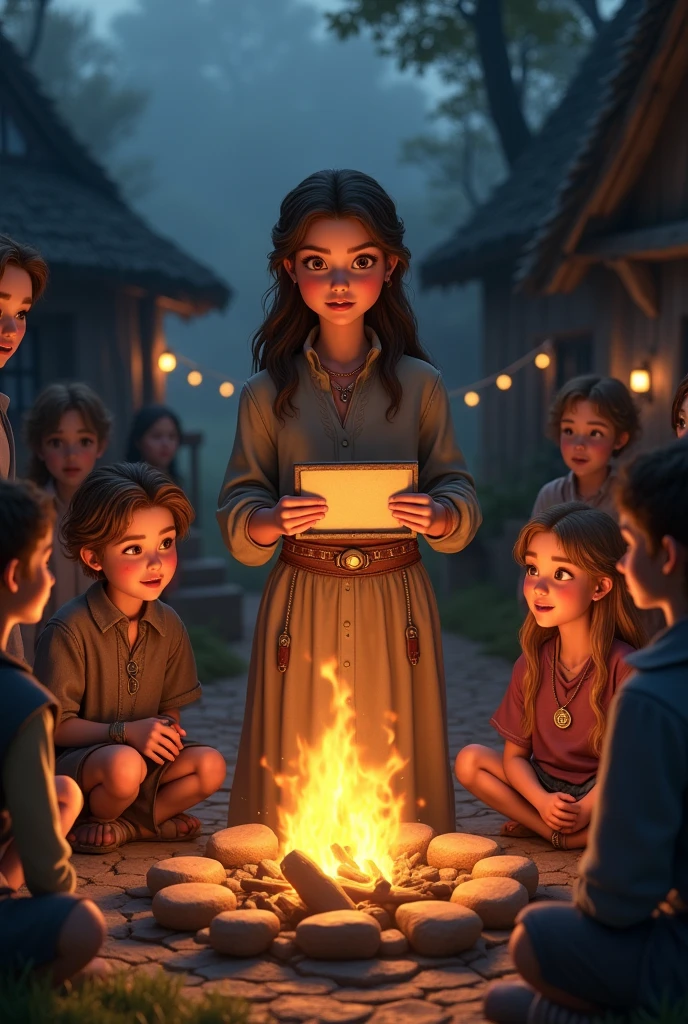 *Clara returns to the village, carrying the box and the letter. She gathers the villagers around a campfire. The villagers, captivated, listen attentively.* 19old