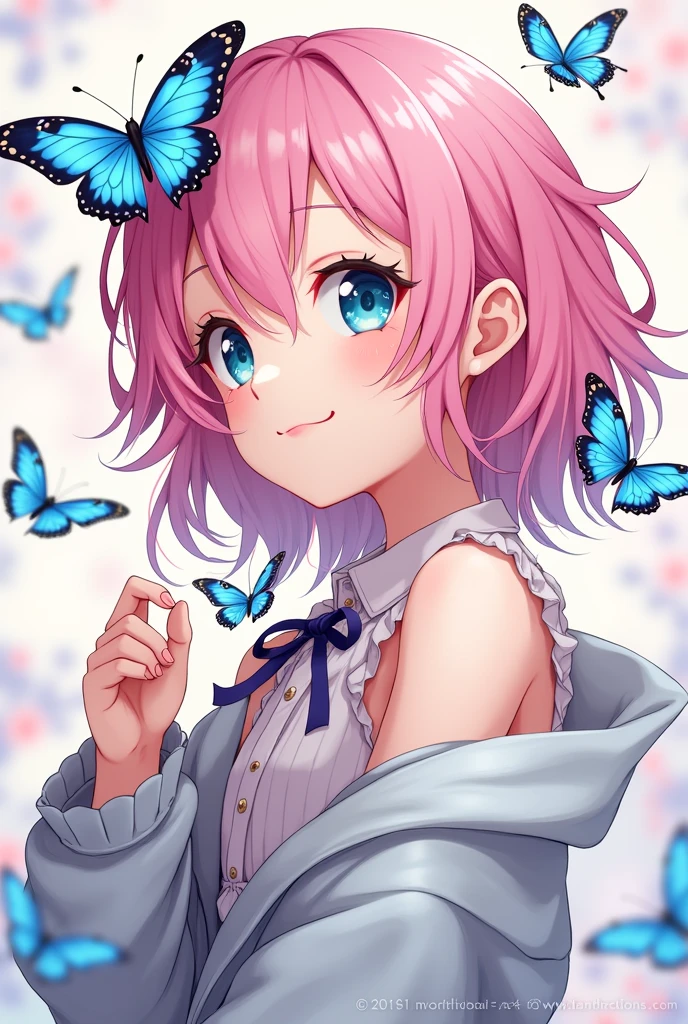 Anime girl with pink hair and blue eyes, cute art style, beautiful anime art style, anime art style, cute anime style, anime art style, Beautiful drawing style, trends in art, anime art style de alta qualidade, rossdraws pastel vibrante, A beautiful anime portrait, colourful drawing, fantasy world, butterflys, realisitic, 4K