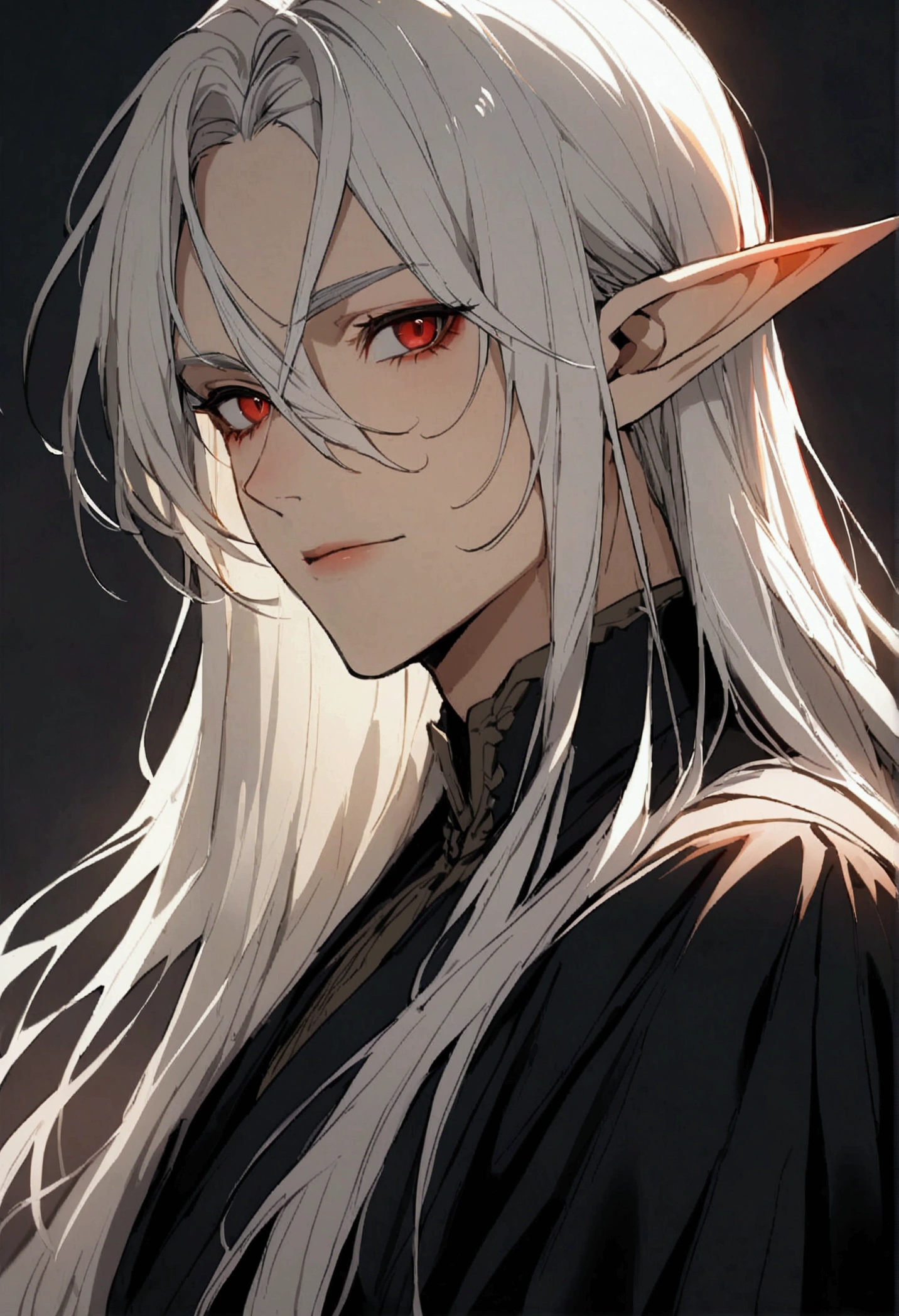1 man elf, solo, 35 yers old  ,wihte hair long, red eyes