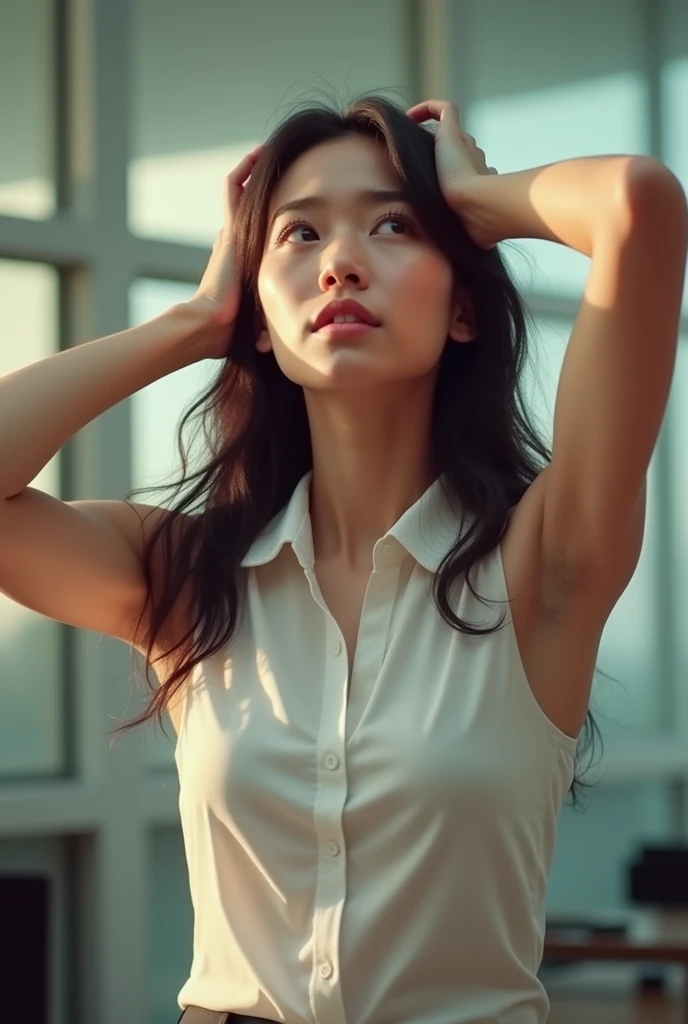 A girl wearing a sleeveless office formal shirt in the hottest summer ever and her eyes are up and hands are on the head, weight average and her armpit are seen 
