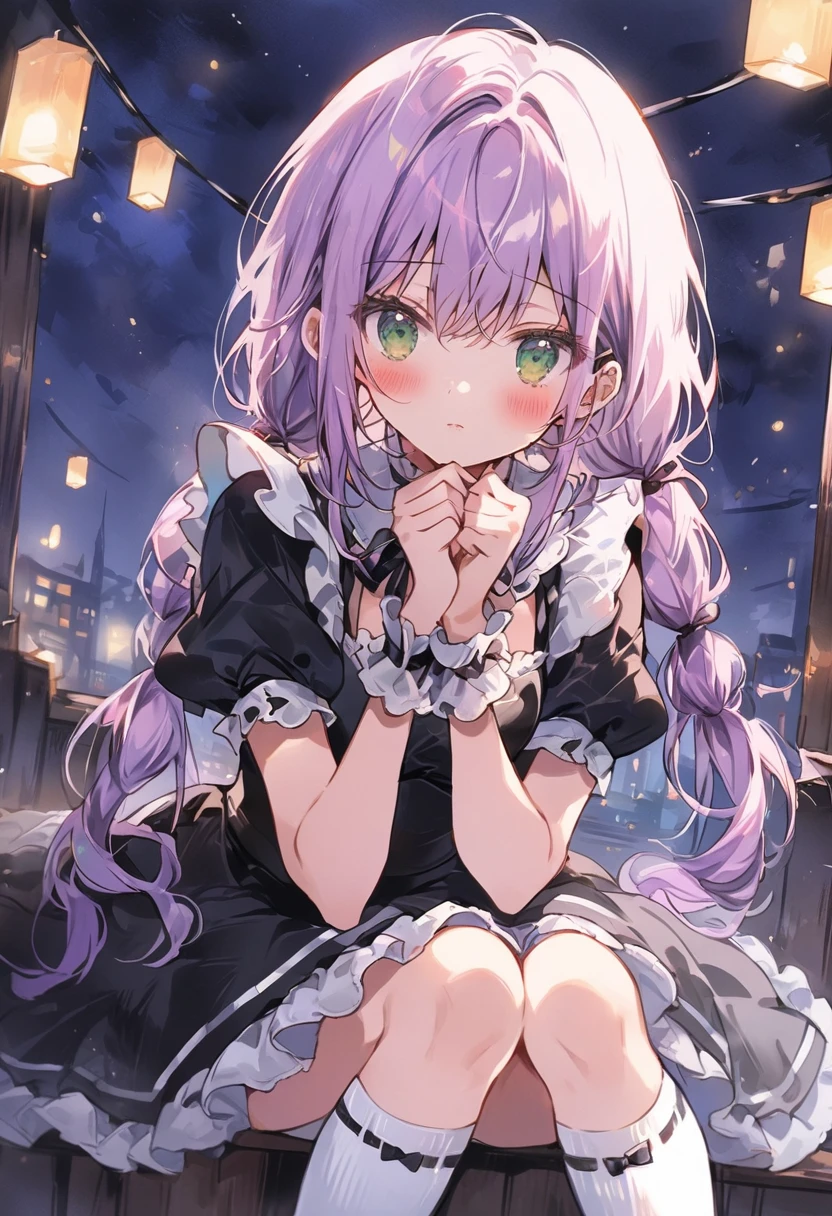 ((best quality, high resolution)), (delicate illustration), (vividcolor style illustration:0.9), (watercolor style illustration:0.4), ((beautiful:1.3)), 4k,
(((1 beautiful woman))), small breasts:0.7, dark green eyes, (blush), ((Black maid outfit, white knee-high socks,)), low-twintails Hair, pale purple hair,A girl with her hands over her mouth, worried.(((night lit:1.3))), ((glance upward at viewer)), cowboy shot,