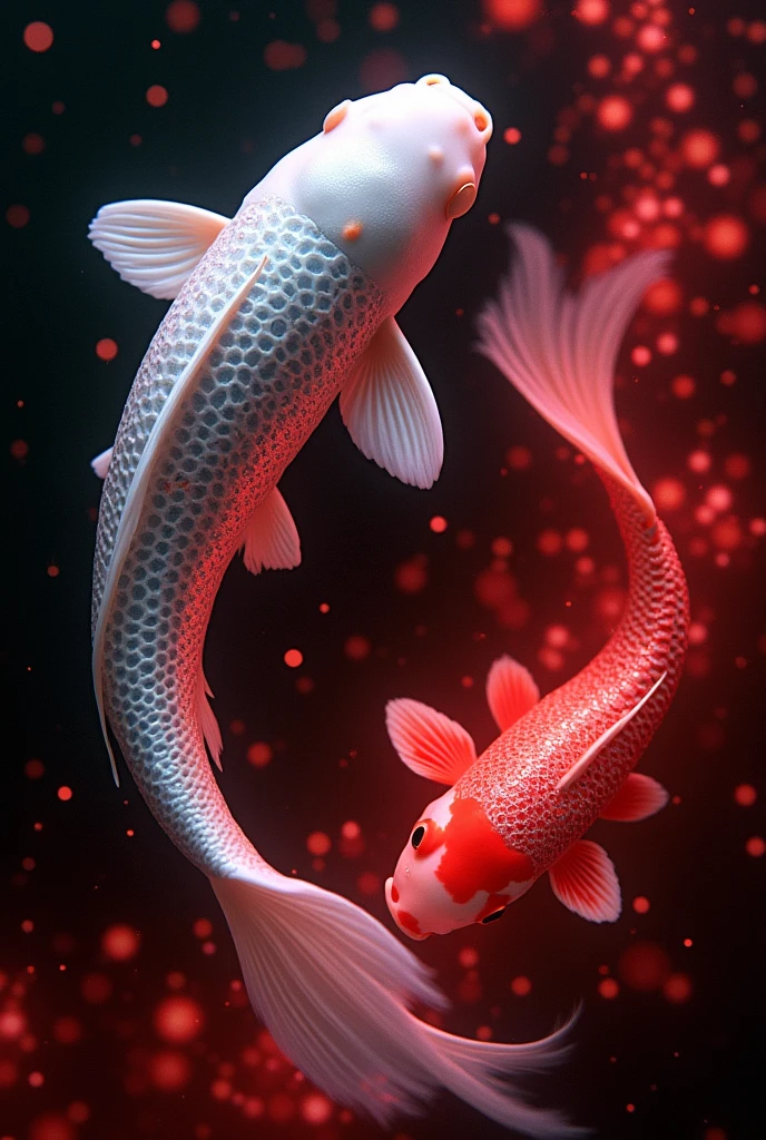 photo RAW, (Black, dark red and neon pink : Portrait of 2 ghostly long tailed white koi, woman, shiny aura, highly detailed, red filigree, intricate motifs, organic tracery, Januz Miralles, Hikari Shimoda, glowing stardust by W. Zelmer, perfect composition, smooth, sharp focus, sparkling particles, lively coral reef background Realistic, realism, hd, 35mm photograph, 8k), masterpiece, award winning photography, natural light, perfect composition, high detail, hyper realistic