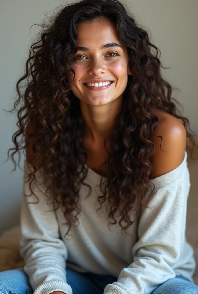 A brunette girl with curly hair  sits with her legs stretched out, taking a realistic photo