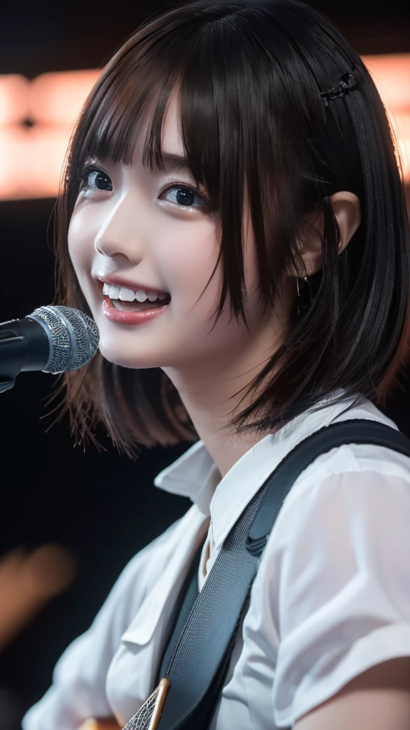 ((masterpiece, Highest quality, High resolution)), Japanese high school girl、(Realistic: 1.4), With a smile、Blushing、Open your mouth wide、Great face,Glossy lips、, short hair、(Beautiful Hair:1.5),Cute idol costume、Beautiful legs、On a packed stage、While playing the electric guitar、Sing with a microphone、Gazing at the audience、Front angle, Smooth, Highly detailed CG composite 8K wallpaper, High resolutionのRAWカラー写真, Professional photography, Light, BackLight, impressive, Written boundary depth, (Face close-up:1.5)