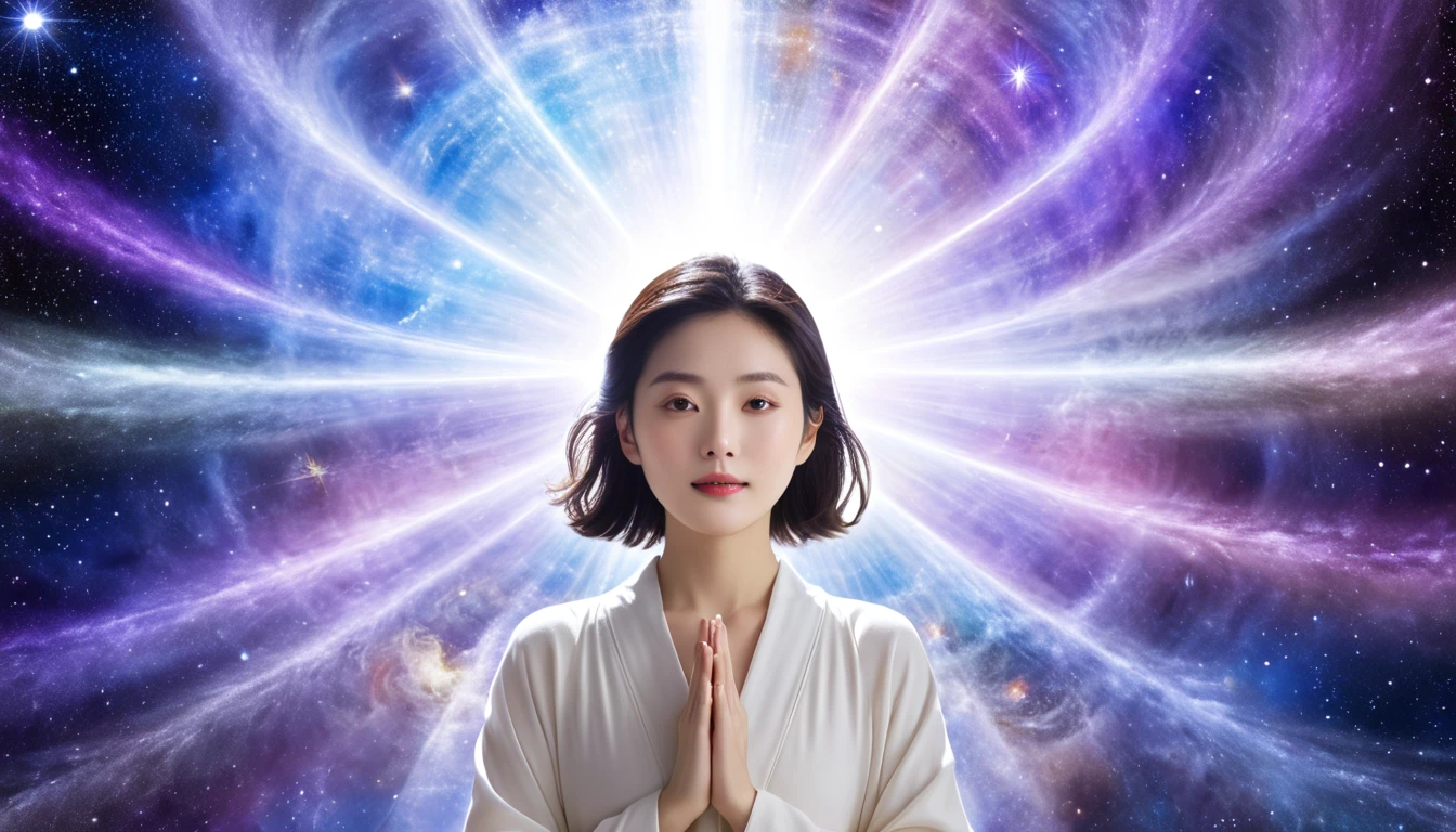 Highest quality, One person, universe，Mind Aura Cleansing，The whole body is purified，A beautiful woman with a beloved aura,universe空間で眠る