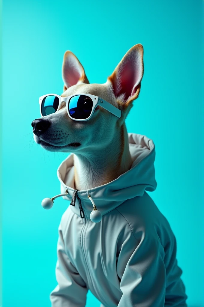 The best cell phone wallpaper, Award-Winning Wallpaper, portrait photography, In the front view is a portrait of a cute dog wearing mid-1960s space age fashion, Side view photo, Shot with Canon EOS R5, Set a strong contrast that accentuates the subject, Fluorescent blue tone, Wearing a very modern coat and sunglasses is a modern 1960s style, Clothes all in one color, beautiful background
