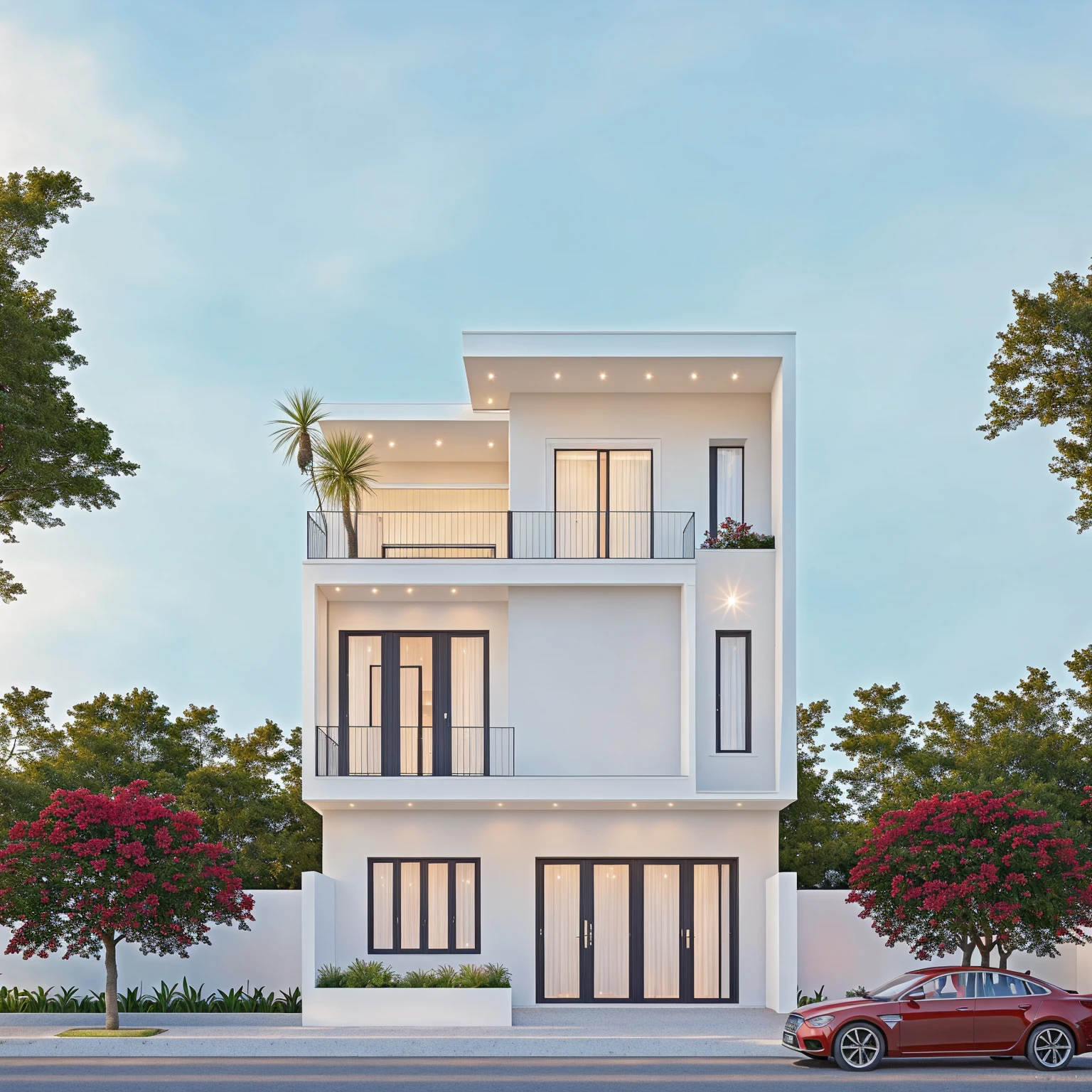 PLATEFORME KTHOUSE, Beaucoup de belles fleurs rouges le long de la route:1.3, Romantique, 1 maison de style néoclassique, La maison de ville est faite de murs blancs, Belle lumière, journée de beauté, ensoleillé, Beaucoup de bougainvilliers rouges le long de la route:1.3, belle sensation de jeunesse :1.2, soleil à midi, Très belles ombres, 