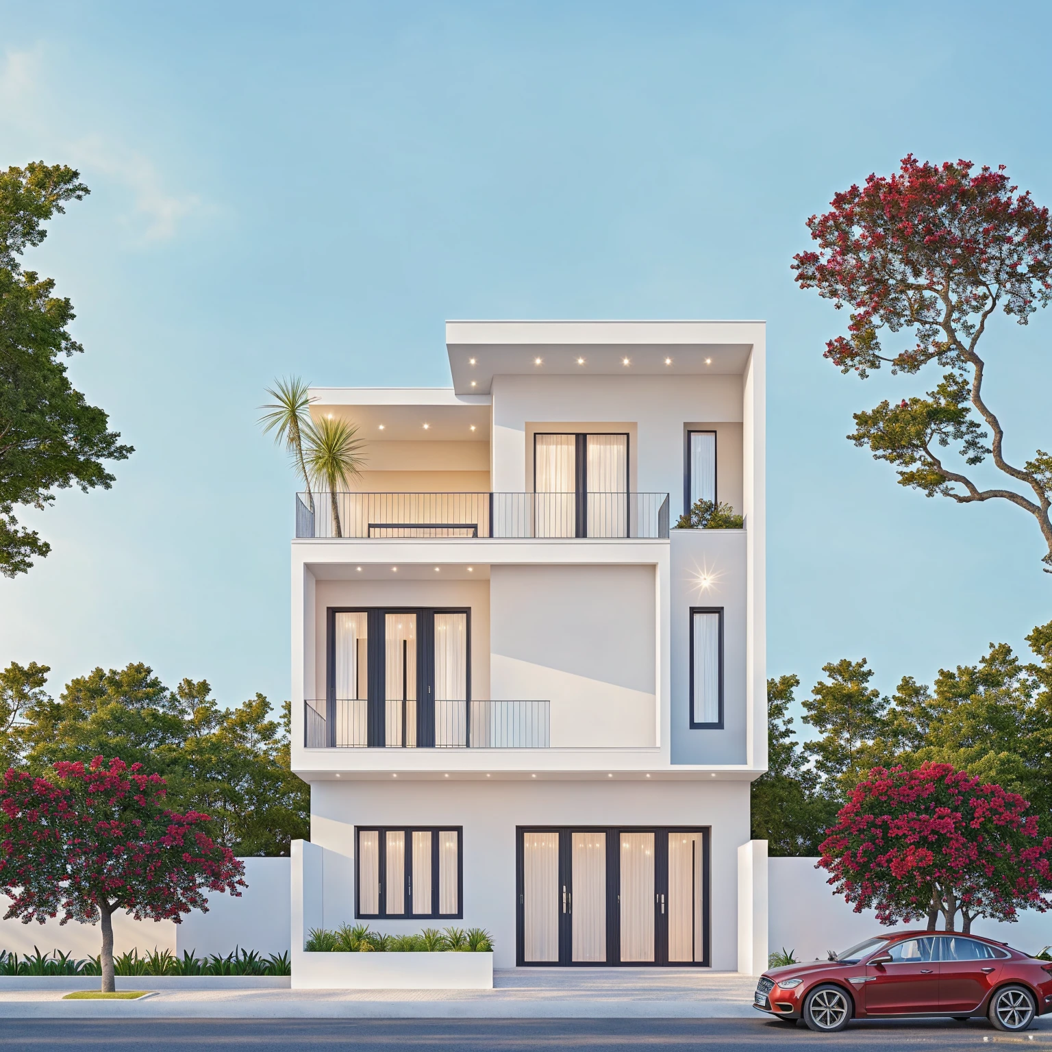 PLATEFORME KTHOUSE, Beaucoup de belles fleurs rouges le long de la route:1.3, Romantique, 1 maison de style néoclassique, La maison de ville est faite de murs blancs, Belle lumière, journée de beauté, ensoleillé, Beaucoup de bougainvilliers rouges le long de la route:1.3, belle sensation de jeunesse :1.2, soleil à midi, Très belles ombres, 