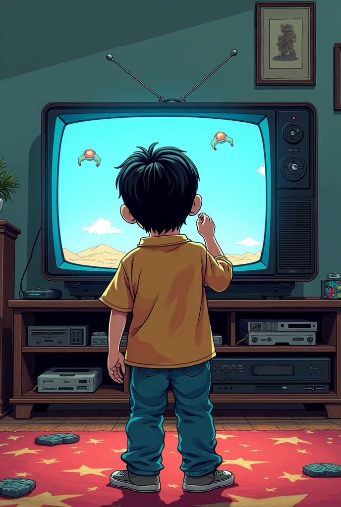 Boy playing console sits with his back to the photo old TV window on the wall posters 90s