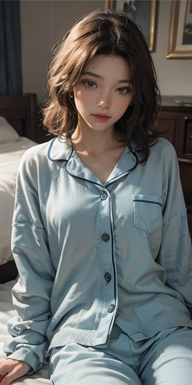 (masterpiece: 1.2, Portraiture, Highest quality), Realistic, (Live Action, Intricate details, Written boundary depth), Highest quality, masterpiece, Attention to detail, semi-Realistic, Lie face down on the bed, shy, 2, Short Blonde, blue eyes, pajamas, Slim figure、Dark Room