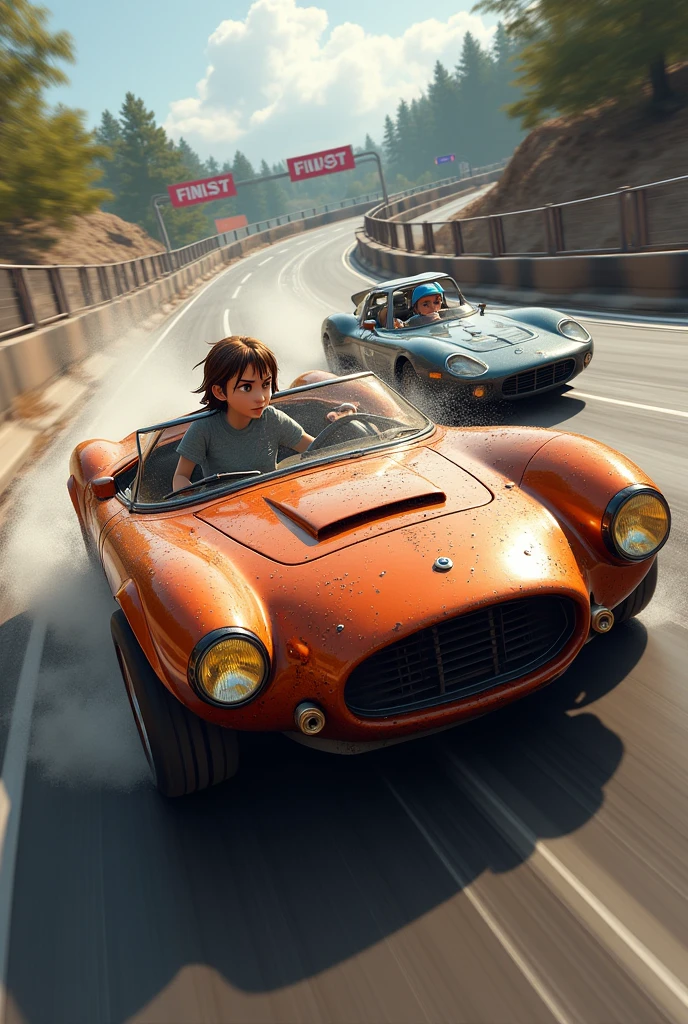 Rusty’s orange car overtaking the panther on a sharp turn, with the panther’s car slightly off balance, losing speed. The final stretch of the track is visible ahead, with the finish line in sight.