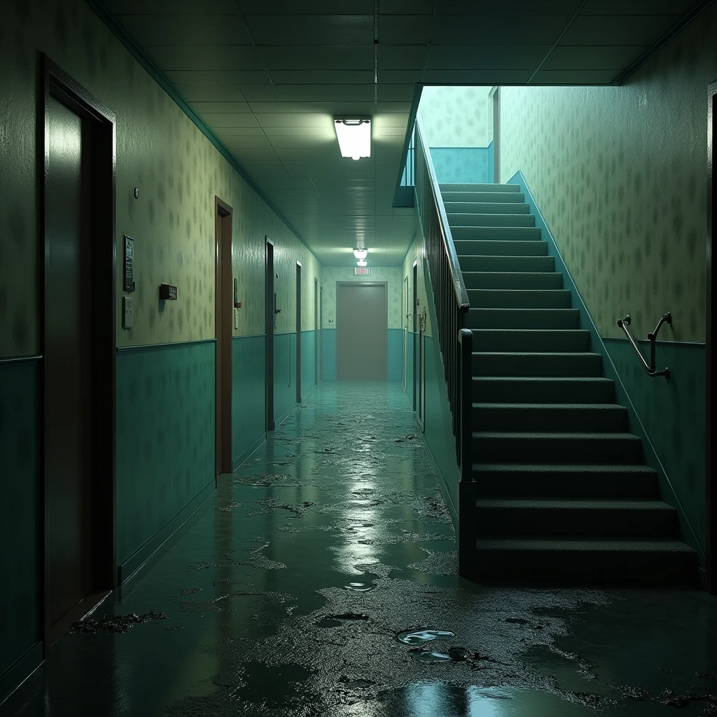 There is a hallway with a wallpapered wall and a door., the scary empty liminal spaces, detailed lighting and textures, everything is carpet and 3d, behind the scenes of the abandoned mall, rendering in unreal engine 3, rendering in unreal engine 3d, Detailed textures and lighting, an office corridor with construction machines , water in many places, stairs around, infinite hallway, realistic unreal engine 3d game, Stanley's Parable