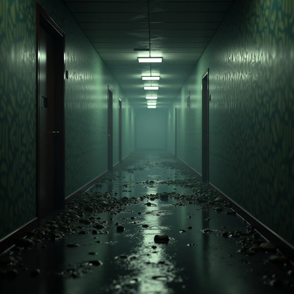 There is a hallway with a wallpapered wall and a door., the scary empty liminal spaces, detailed lighting and textures, everything is carpet and 3d, behind the scenes of the abandoned mall, rendering in unreal engine 3, rendering in unreal engine 3d, Detailed textures and lighting, an office corridor with construction machines , water in many places, stairs around, infinite hallway, realistic unreal engine 3d game, Stanley's Parable