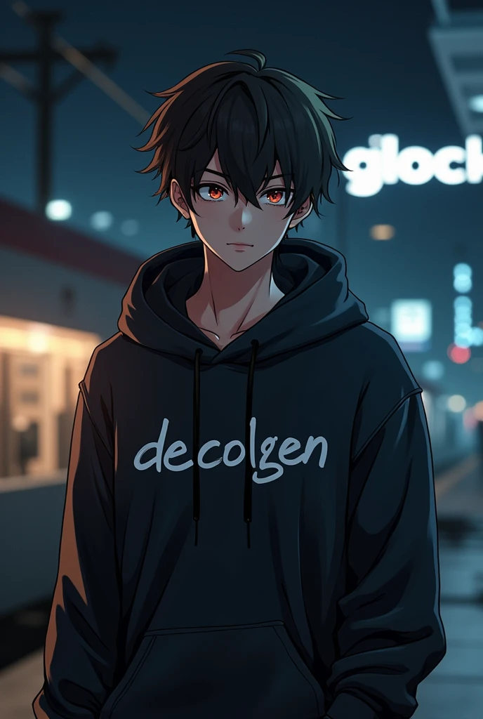 Create anime character;
{background: capital HD text: “GLBK” in right-top, night station}, tanned skin,
realistic, HDR, handsome, full body, like gangster, age 20, hoodie HD text: “Decolgen”, male