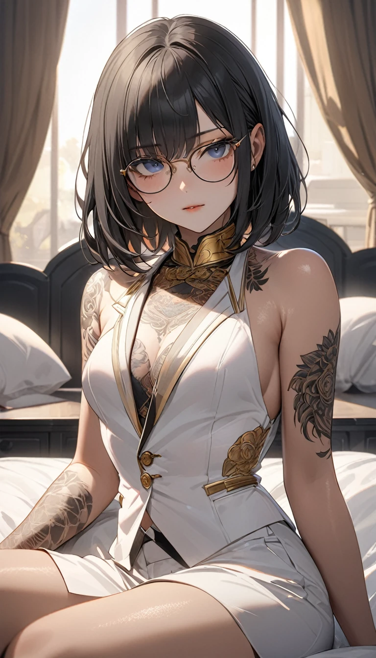 ((best quality)), ((masterpiece)), (Detailed face and eyes), Perfect face, precise, Textured Skin, High Detail, high resolution, Ruffian Student, A gentleman with a dark side, Wearing a white suit, Gold-rimmed glasses, short hair, , White skin, Have a tattoo, Sit on the bedroom bed, Half Body