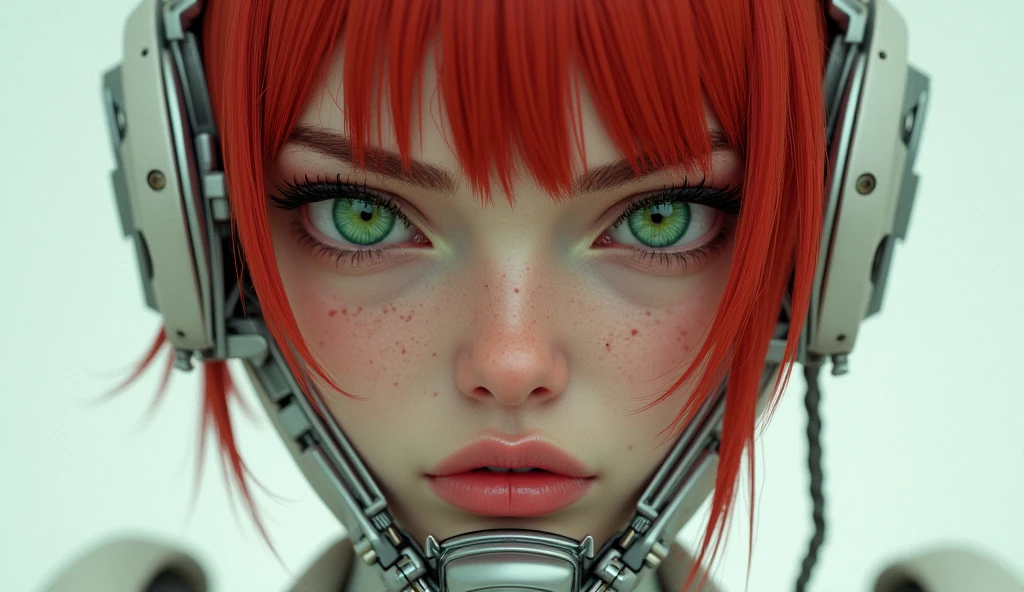 a close up of a woman's torso in a futuristic suit posing, cyberpunk art inspired by Marek Okon, artstation trend, digital art, gynoid cyborg body, biomechanical oppai, cyberpunk oppai, girl with very short red hair, military haircut, with medium bangs, highly detailed green eyes, pink thick lips, freckles on face, angry expression, frowning, detailed eyelashes, light makeup, goddess of absolute beauty, in mecha cyber armor, beautiful white cyborg girl, in white futuristic armor, cybernetic suit, gynoid body, perfect cyborg woman
