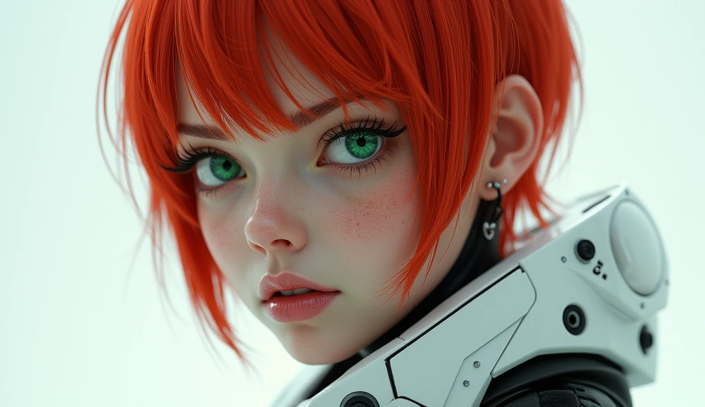 a close up of a woman's torso in a futuristic suit posing, cyberpunk art inspired by Marek Okon, artstation trend, digital art, gynoid cyborg body, biomechanical oppai, cyberpunk oppai, girl with very short red hair, military haircut, with medium bangs, highly detailed green eyes, pink thick lips, freckles on face, angry expression, frowning, detailed eyelashes, light makeup, goddess of absolute beauty, in mecha cyber armor, beautiful white cyborg girl, in white futuristic armor, cybernetic suit, gynoid body, perfect cyborg woman