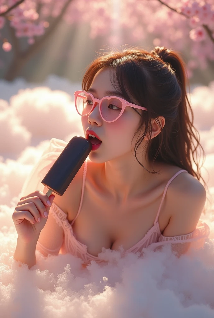 ray light. glitter flying around. soft and pastel filter. little blurry. deep departure. wide angle lens. realistic side view of wet body of cute Japanese female. she laydown on stomach on white fluffy cloud. she with soft brown hair. she has radiant glow skin. big boobs. she in lace transparent see-through cover her naked body. she wearing pink lens glasses heart shape. she licking big black popsicle. she Leave the mouth wide open. wet hair. Cherry blossom background.