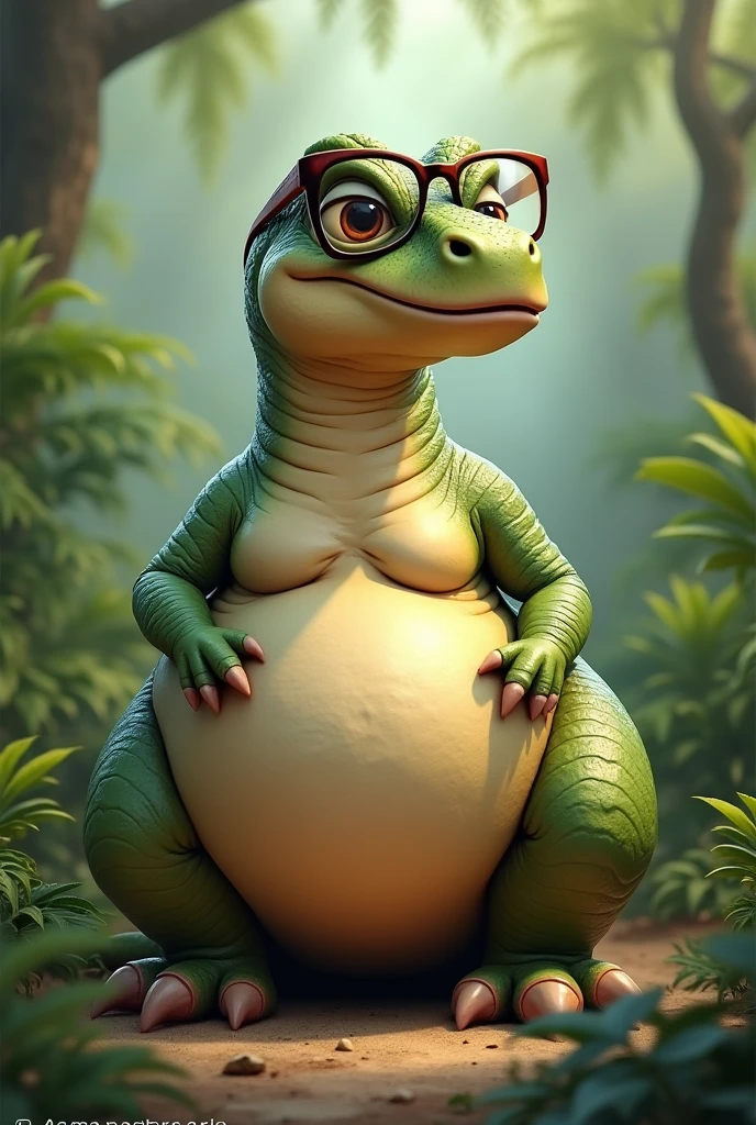 Make a fat dinosaur with soft breasts using glasses