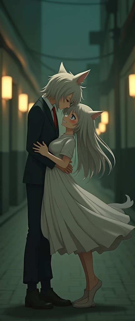 (32K:1.9, Highest quality, masterpiece, Ultra-high resolution), Perfect dynamic composition:1.3, Highly detailed skin and facial textures:1.3, Cute sexy slim Japanese schoolgirl, Tall and slim man, (They both close their eyes:1.3, Man hugging woman:1.3), Fair skin, ((Clarity:1.1)), (Man is anime「幽☆遊☆白書」Fox Demon Kurama's Face:1.3, Man is anime「幽☆遊☆白書」Nine-Tailed Fox Demon Costume:1.3, Long silver-blonde hair, Rainbow Eyes:1.5), (The woman is wearing a uniform with a red tie:1.3, Straight black hair.:1.3, smile:0.9, A man completely charms a woman:0.9, beautiful Blue Eyes, beautiful, Clear Eyes:0.8), Sexy Face:0.4, blush:1.1, (beautifulエロティシズムを醸し出す雰囲気:0.8), Professional random camera work, Cinematic Lighting Effects, (Full Body Shot), (Too erotic), romantic, mysterious, Object of admiration, original, dramatic, artistic, Innovative, charm, Heartful, Fancy, Tilt, sense of loss, special, exciting, Extreme, sense of openness, joy, joyの表現, ((若さのcharm, 女性的なcharm))