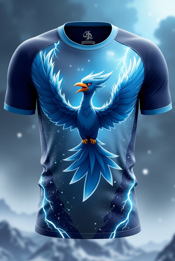 Create a jersey design with following ideas
 
Base Color: Deep navy or royal blue.
Front Design: Articuno flying against a stormy sky background, with lightning and snow flurries.
Pattern: Gradient effect from dark blue at the top to lighter blue at the bottom, simulating the storm clearing out.
Details: Silver lightning bolts along the sides or sleeves.
Logo: A small Articuno head with a fierce expression on the chest, with ice shards surrounding it.