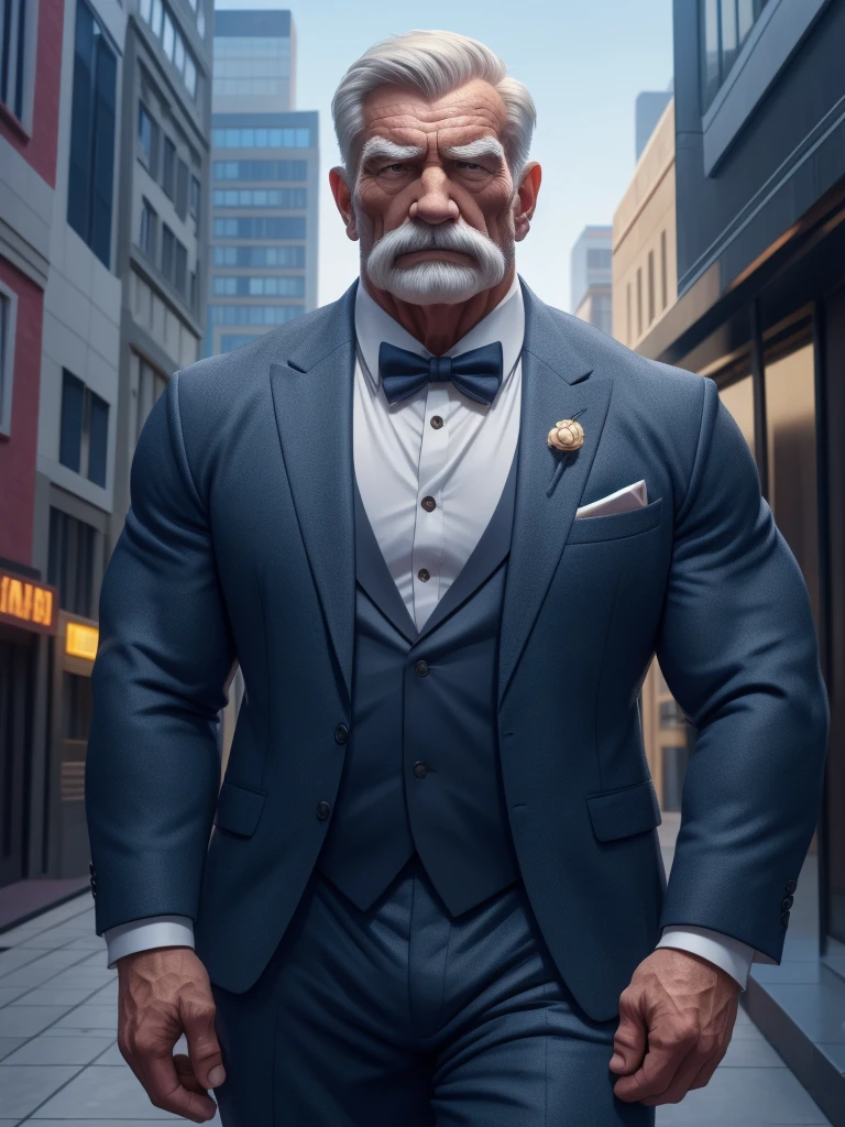 a muscular old man ,wearing a suit, standing in a city background, (best quality,4k,8k,highres,masterpiece:1.2),ultra-detailed,,detailed wrinkles,detailed facial features,detailed texture, half body, halfbody