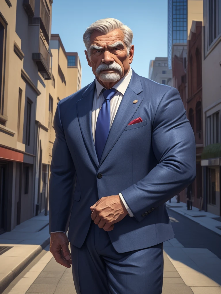 a muscular old man ,wearing a suit, standing in a city background, (best quality,4k,8k,highres,masterpiece:1.2),ultra-detailed,,detailed wrinkles,detailed facial features,detailed texture, half body, halfbody