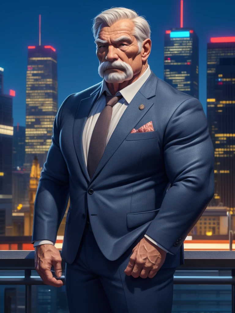 a muscular old man ,wearing a suit, standing in a city background, (best quality,4k,8k,highres,masterpiece:1.2),ultra-detailed,,detailed wrinkles,detailed facial features,detailed texture, half body, halfbody