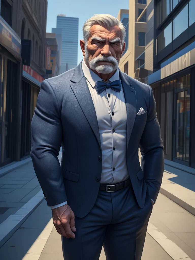 a muscular old man ,wearing a suit, standing in a city background, (best quality,4k,8k,highres,masterpiece:1.2),ultra-detailed,,detailed wrinkles,detailed facial features,detailed texture, half body, halfbody