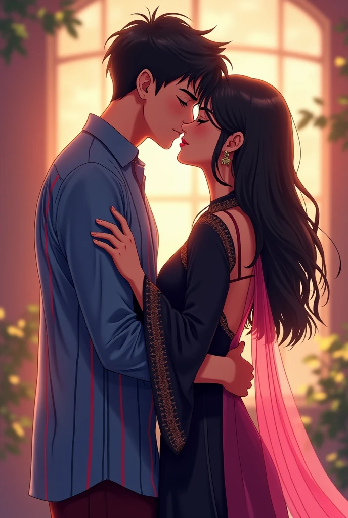 Make anime couple sex scenes: ladka aur ladki 12th standard me hai. jisme ladke ne blue shirt pehna hai , jispe red aur blue lines pehni hai. Ladki ne backless black Indian , full sleeve, long kurta pehna hai aur left shoulder par transparent pink dupatta pehna hai jispe beautiful design hai. Dono ek dusre se chipke hue hai. Dono ek dusre ko lip kiss kar rahe hai. Ladki ka dupatta lehra Raha hai.