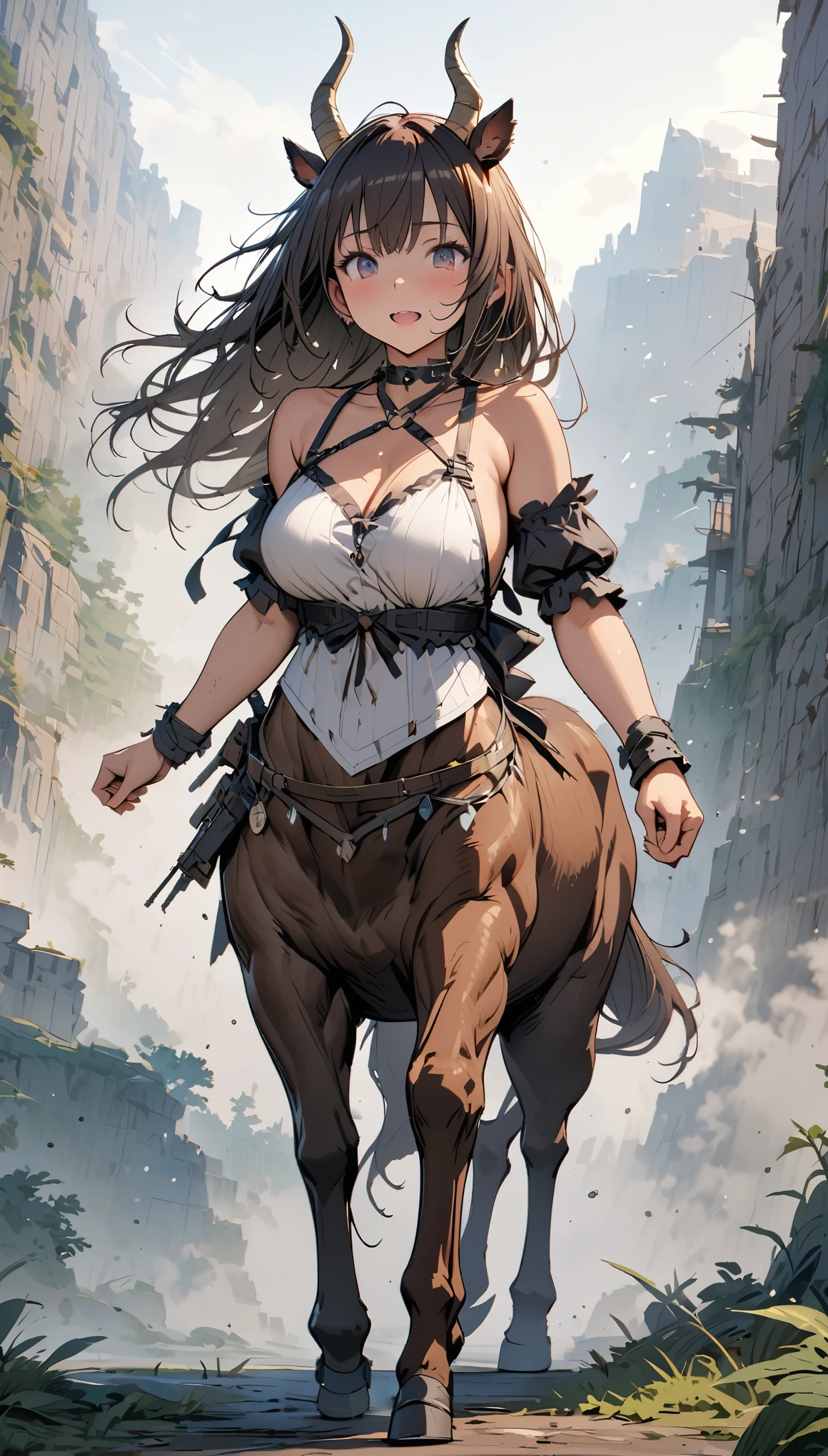 Highest quality、Highest quality、Ultra-detailed、(masterpiece:1.2),Very absurd、4K,8k,RPG world、((Centaur))、Cool illustrations、In the misty fog、Centaurの女の子、Brown fur outfit、Looking at this