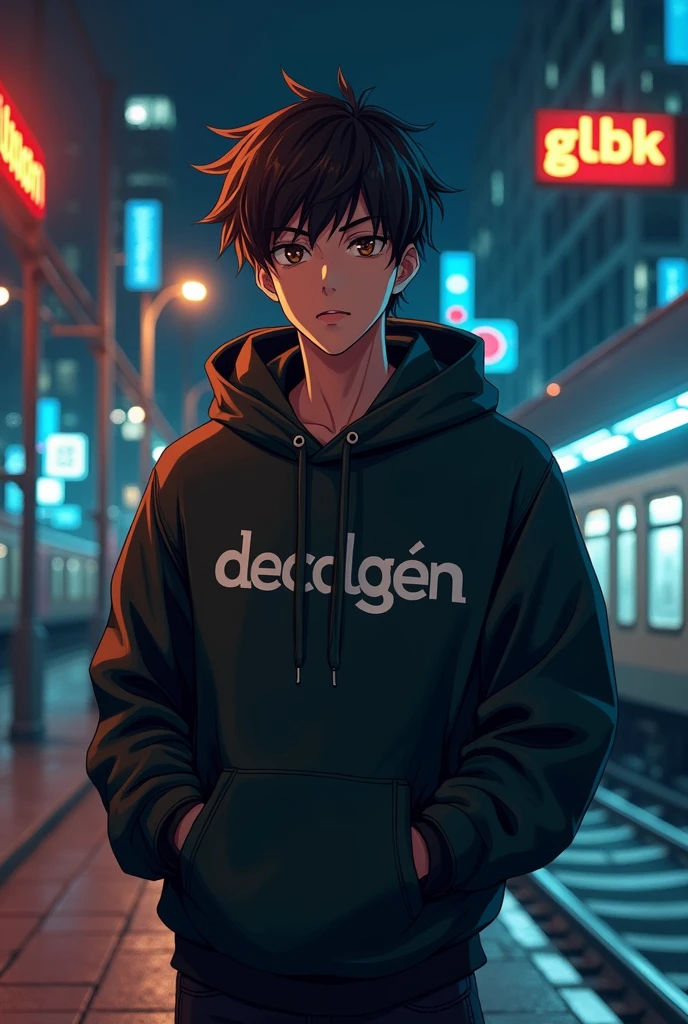 Create anime character;
{background: capital HD text: “GLBK” in right-top, night station}, tanned skin,
realistic, HDR, handsome, full body, like gangster, age 20, hoodie HD text: “Decolgen”, male