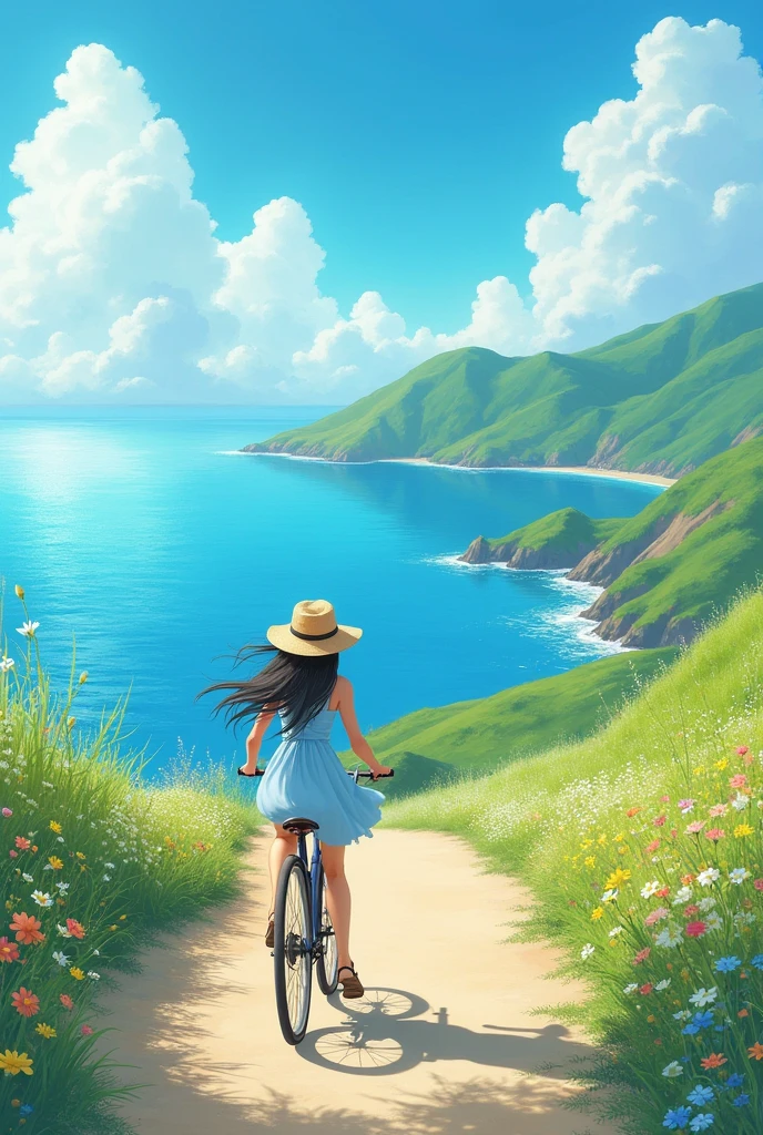 Create a peaceful coastal scene of a young woman riding a bicycle along a road by the sea. The woman is wearing a light blue dress and a straw hat, and the wind gently blows her hair. The road is surrounded by vibrant green hills and colorful wildflowers, with the ocean on one side reflecting the bright blue sky filled with fluffy clouds. The atmosphere should evoke a sense of freedom and tranquility, with warm, natural colors."