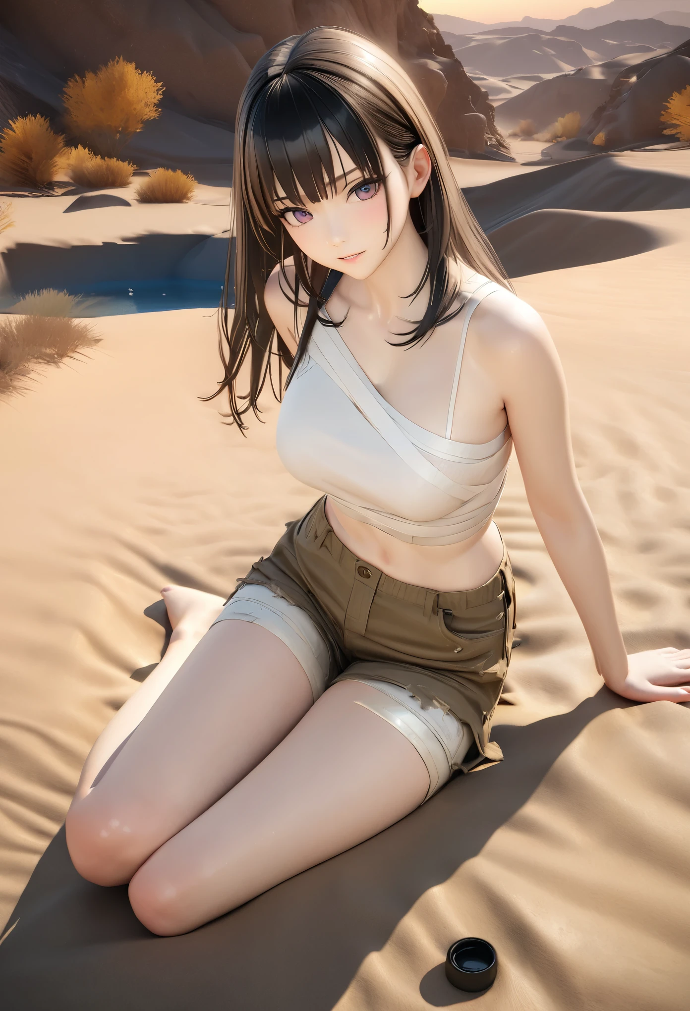DIY16,best quality, 超HD, masterpieces, 8K, Practical, Anime style, 3D Rendering,masterpiece,need,lifelike,Bare lower abdomen,Sexy,bandage,Layering,Hollow,Full body image,Feral,Khaki washed distressed shorts,Black hair,Open shoulders,Layering,Long legs,,Wasteland Punk Style,desert,The details of wind and dust are complex,,HD,Photography Lighting,16K(Pond in the evening:1.2), (8K, best quality, masterpiece:1.2), (Ultra-high resolution:1.0), Extremely bright design, Soft colors, (ink:1.3), Autumn Lights, High Detail, dramatic, photoPractical painting art