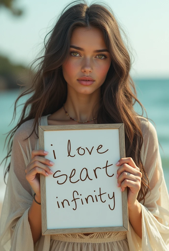 Beautiful girl with wavy long hair, bohemian dress, holding a white board with text "I Love Seaart Infinity" and showing it to the viewer