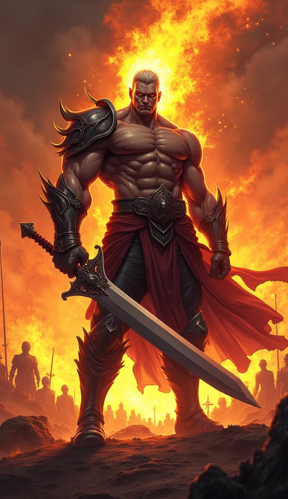 A buffed up man with a giant sword standing on the middle of a wild fire and some fallen soldiers . His left eye releses dark flames . Anime styled .