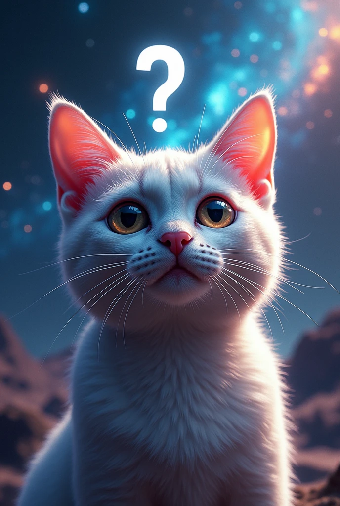 Close-up of a cat face, outer space in the background (stars and galaxies shining beautifully), space cat, large "!?" on the screen is written in large letters on the screen,