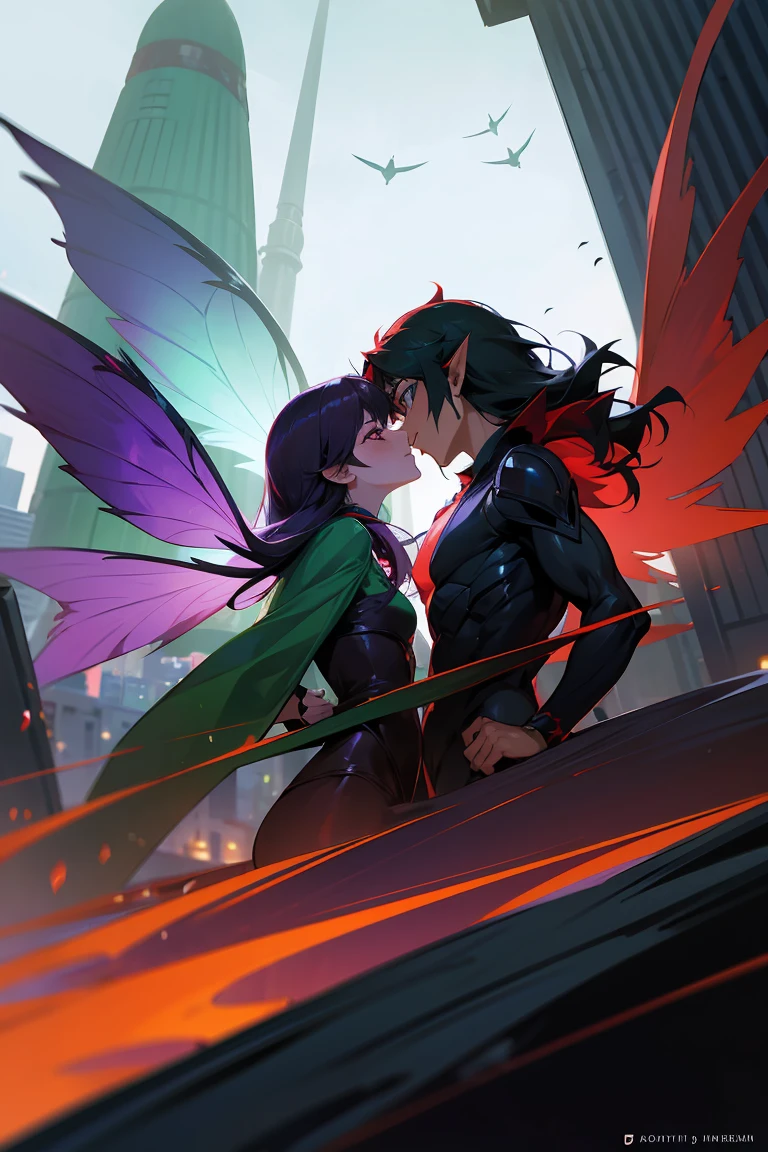 "A DnD scene featuring a red-haired, black-eyed elf-fairy woman with purple wings and a black-haired, red-eyed elf-fairy man with green wings. They hover in mid-air over Tokyo, facing each other, ready to kiss under the moonlight, with the city’s traffic lights glowing beneath them.