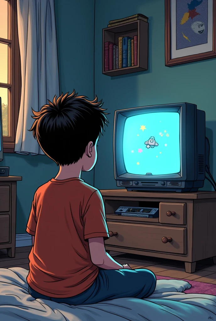 Comic of a boy with his back turned watching TV playing video games, in a bedroom from the 90s, that a simple spaceship game without text is displayed on TV