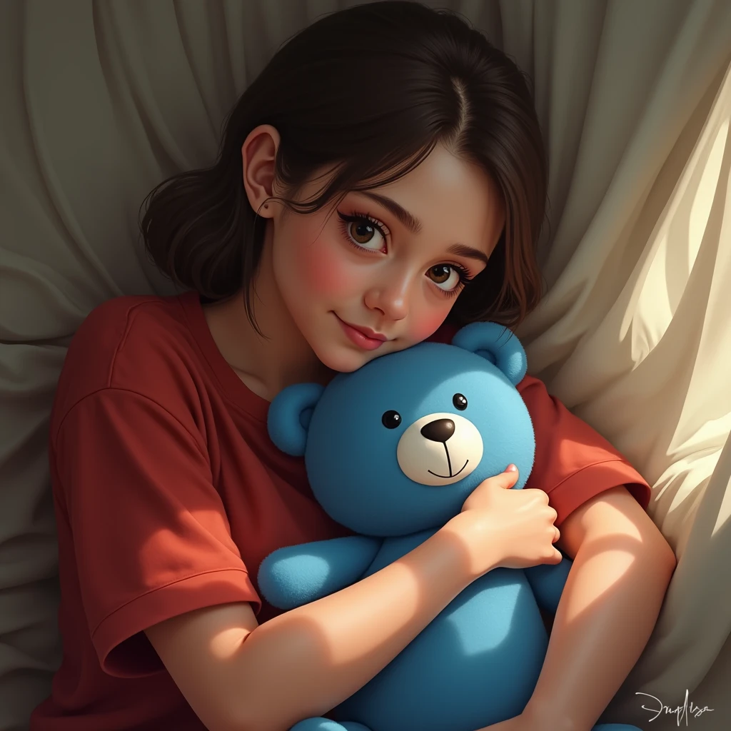 a woman in a red shirt holding a blue stuffed animal, lei min, leslie zhang, janice sung, feng zhu |, lilo and stitch, duy beni serial, jia ruan, xiaofan zhang, streaming on twitch, qifeng lin, sandra chevier, song nan li, gemma chen, tyler edlin and natasha tan, chengyou liu