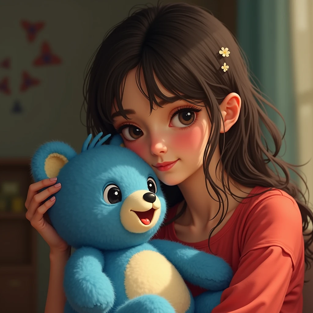 a woman in a red shirt holding a blue stuffed animal, lei min, leslie zhang, janice sung, feng zhu |, lilo and stitch, duy beni serial, jia ruan, xiaofan zhang, streaming on twitch, qifeng lin, sandra chevier, song nan li, gemma chen, tyler edlin and natasha tan, chengyou liu