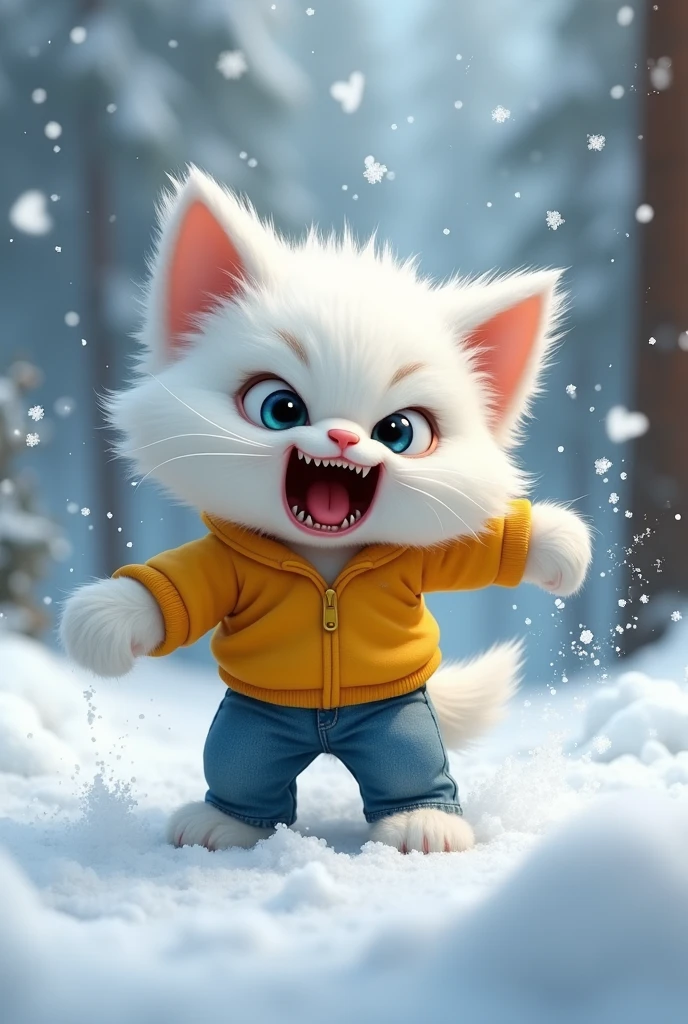 An angry furious snow white fluffy animated kitten dressed in yellow shirt and blue jeans screams due to pain in snow covered with blood kicks a wolf in air with force