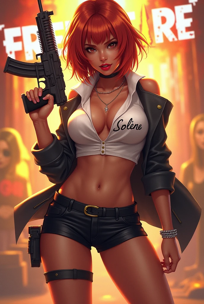 Freefire game style female character,  very sexy, of skin jambo, short medium copper red hair, eyes browns, wearing red lipstick, wearing a short white low-cut blouse with the name SOLENE and a short black skirt, high white shoes, holding an mp5 gun and making a pose, with colored background and the name of the game FREEFIRE behind.