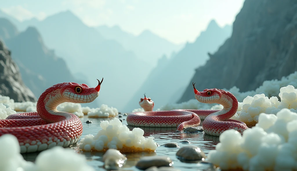 There are many white jades on the mountain，There are also many pit vipers with red and white rings and spikes on their noses.（best quality，4K，8k，High level，masterpiece：1.2），Ultra Detailed，（lifelike，Photo real，Photo real：1.37）