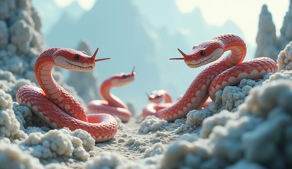 There are many white jades on the mountain,There are also many pit vipers with red and white rings and spikes on their noses.(best quality,4K,8k,High level,masterpiece:1.2),Ultra Detailed,(lifelike,Photo real,Photo real:1.37)